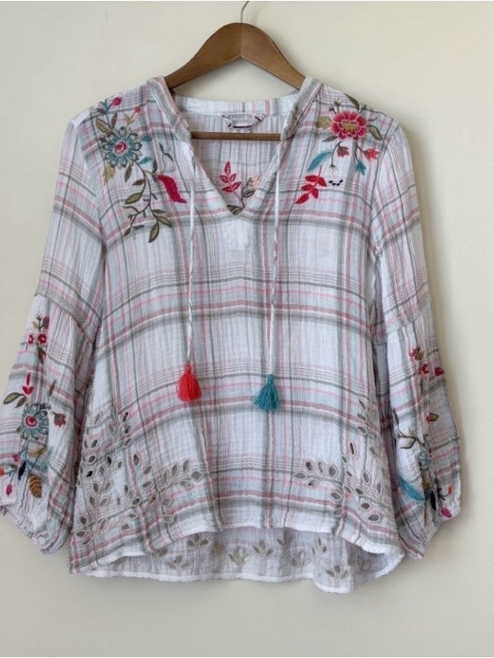 Johnny Was Workshop Plaid Floral Embroidered Gauzy Top Small